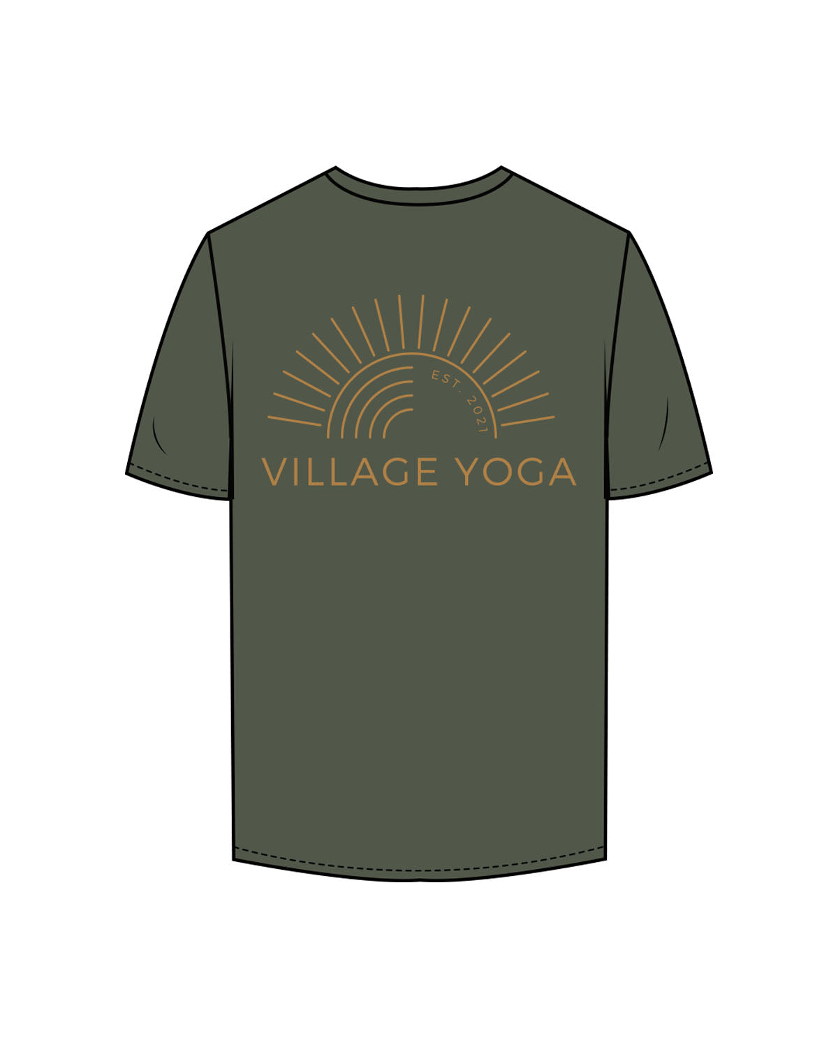 The Mens Tee - Cypress - Village Yoga - Left Chest Circular & Center Back Stacked - Printed - Full Color