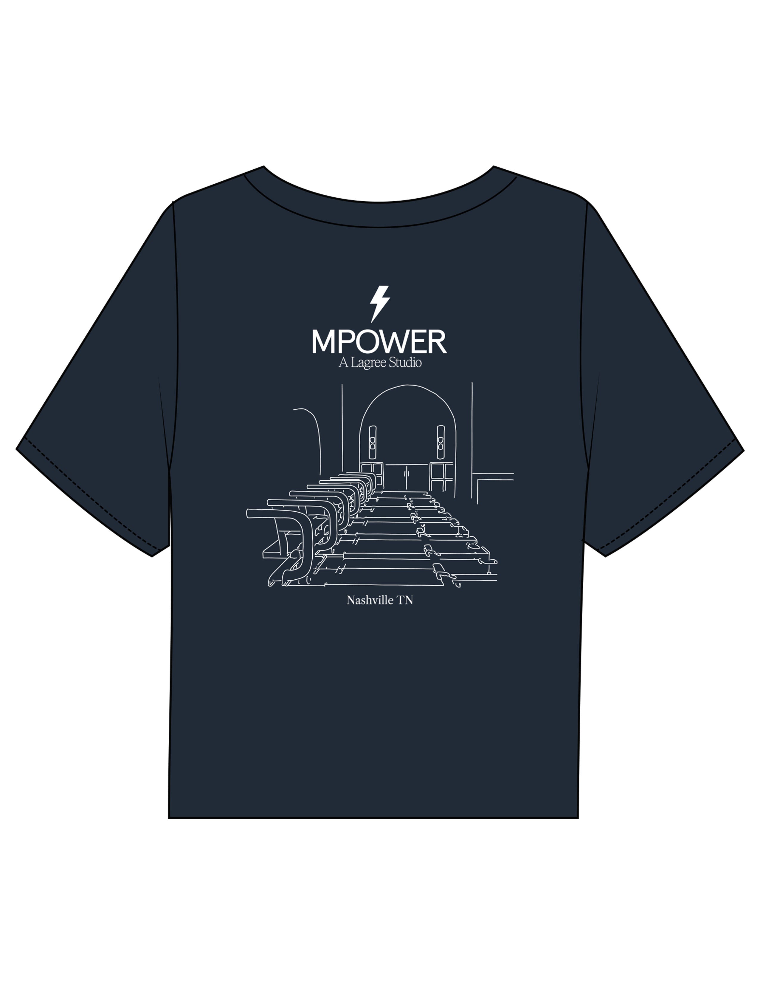 The Boxy Crop Tee - Navy - MPOWER - Left Chest Stacked & Back Image - Printed - White