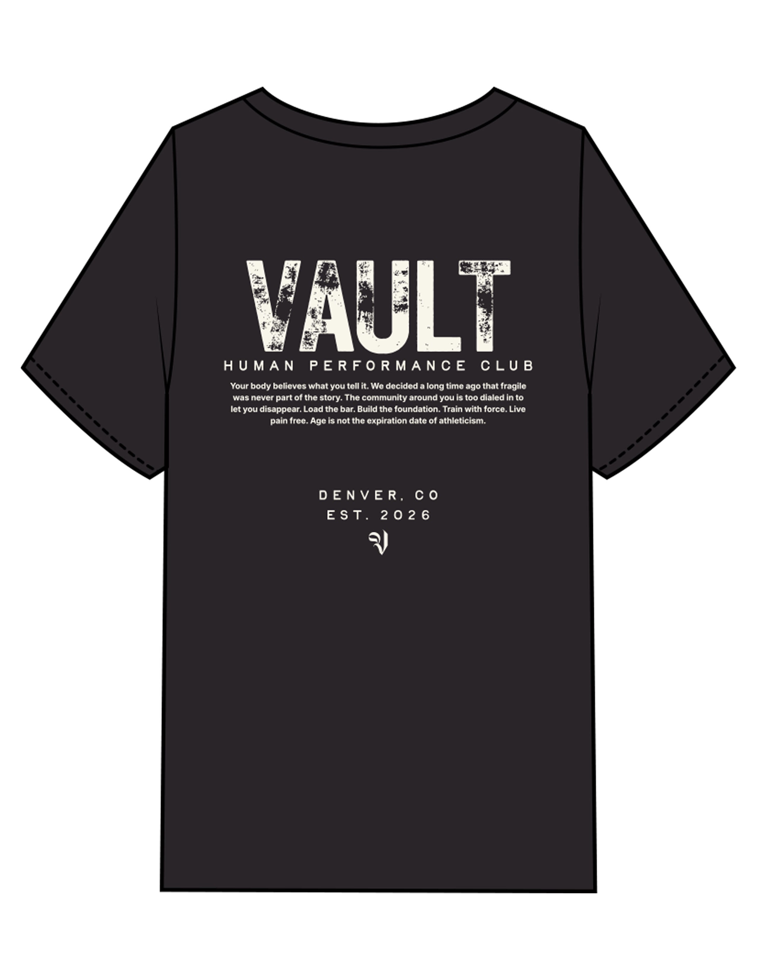 The Mens Heavyweight Tee - Black Stone - The Vault - Front Bottom Left & Back Stacked - Printed - Off White