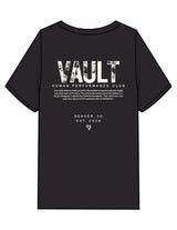 The Mens Heavyweight Tee - Black Stone - The Vault - Front Bottom Left & Back Stacked - Printed - Off White