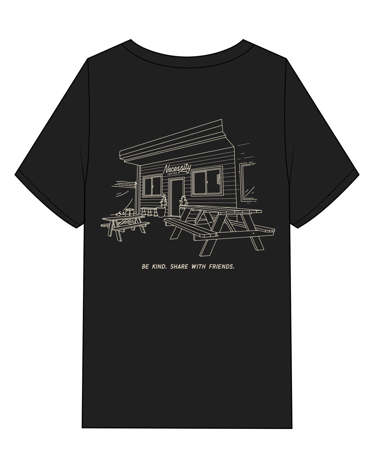 The Mens Heavyweight Tee - Black - Necessity Coffee - Left Chest Stacked & Back Image - Printed - Off White