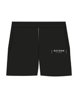 The Womens Sweat Shorts - Black - Reform Fitness - Left Leg - Printed - White