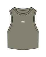 The Ribbed Crop Tank - Eucalyptus - Haus of Wellness - Center Chest - Embroidered - White