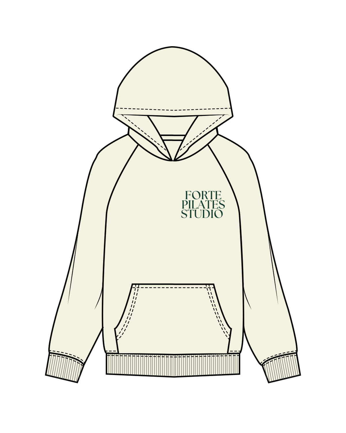 The Womens Hoodie - Butter - Forte Pilates - Left Chest & Back Center Stacked - Dark Green