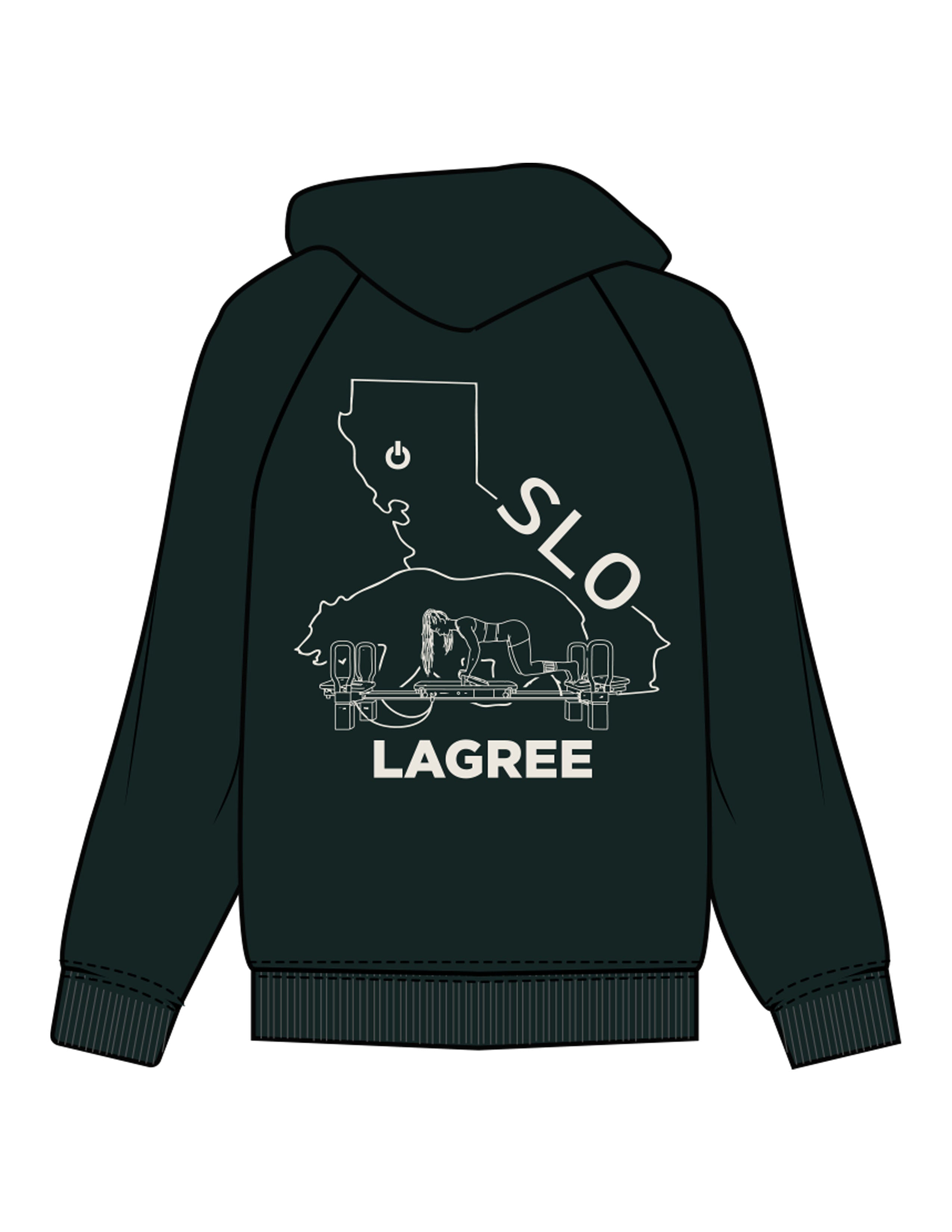 The Mens Classic Hoodie - Pine Green - Powerhouse Fitness - Front Upper Pocket & Full Back - Printed - Off White