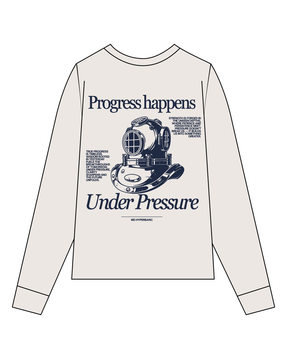 The Mens Long Sleeve - Bone - MD Hyperbaric - Left Chest Round & Back Illustration - Printed - Navy