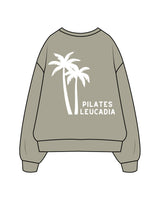 The Womens Heavyweight Crewneck - Eucalyptus - Pilates Leucadia - Center Chest & Back Stacked - White