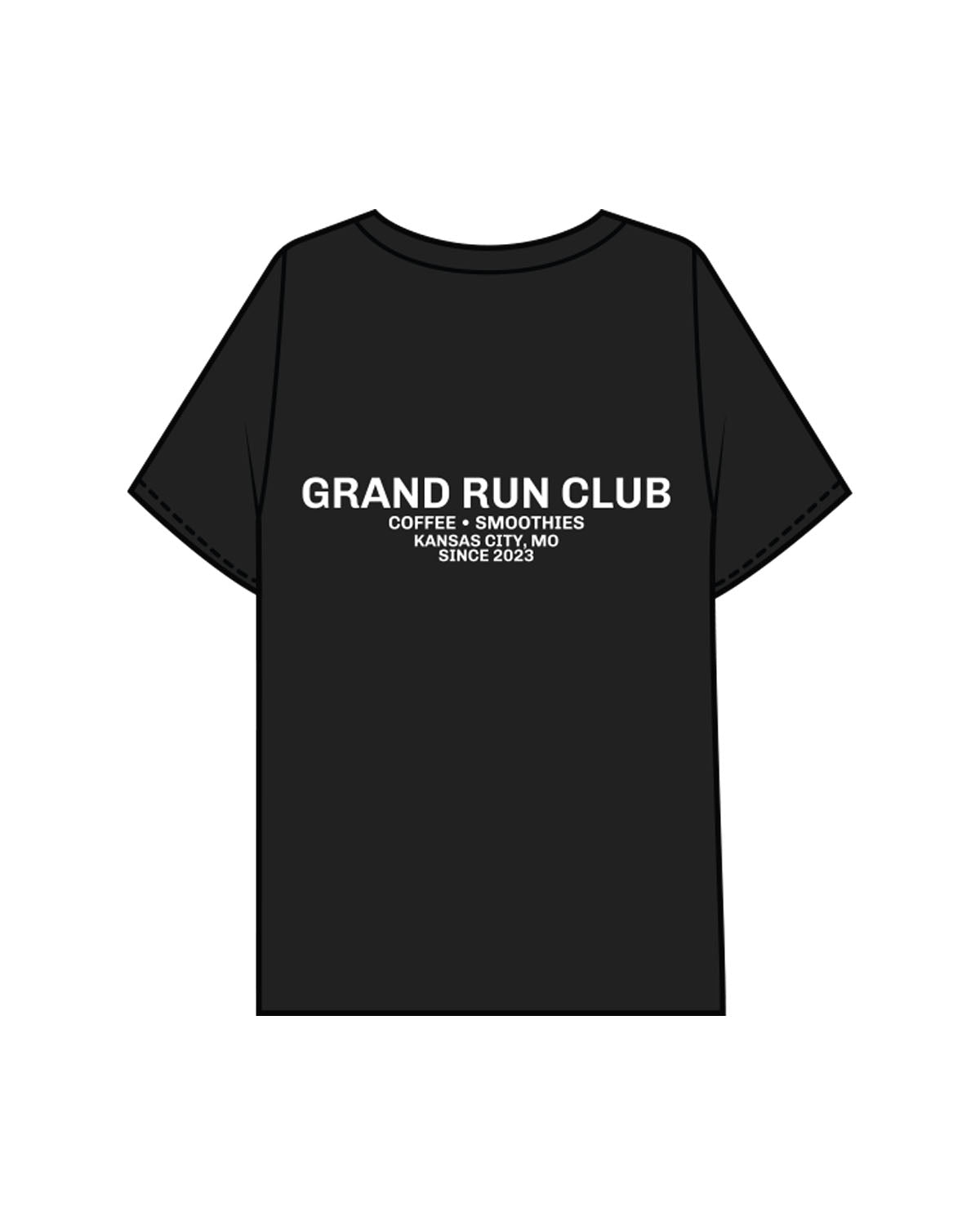 The Mens Boxy Tee - Black - Grand Co - Left Chest & Center Back Stacked " GRAND RUN CLUB" - Printed - White