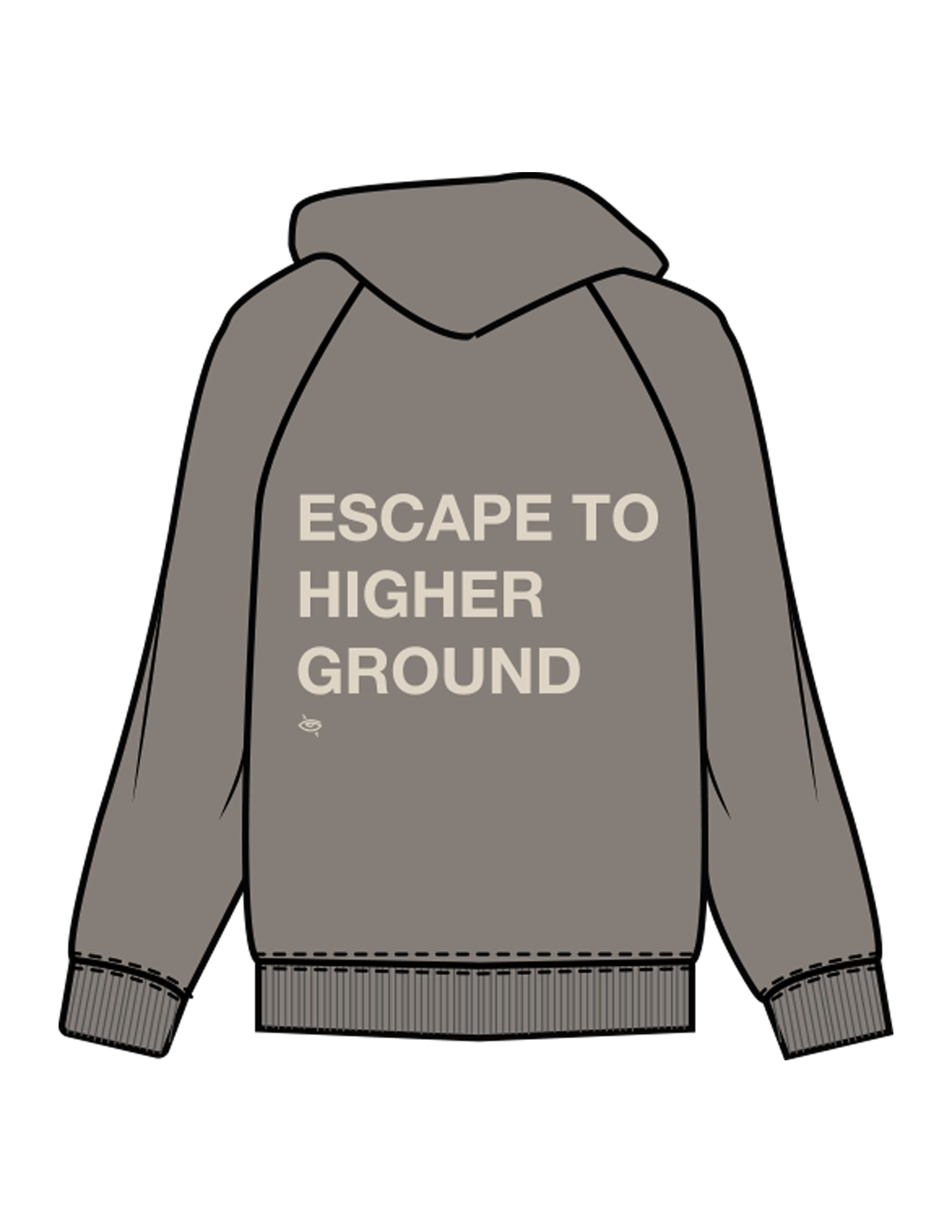 The Womens Hoodie - Washed Gray - Higher Ground - Center Chest & Back Stacked - Printed - Off White