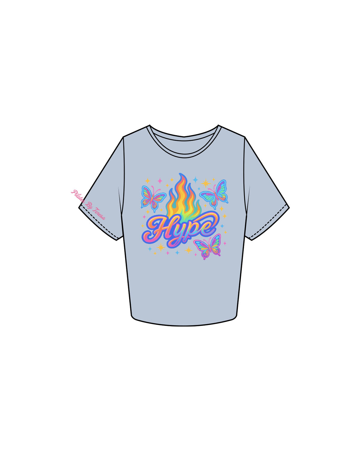 The Crop Tee - Powder - Pilates Baddie - Center Chest & Right Sleeve - Printed - Full Color