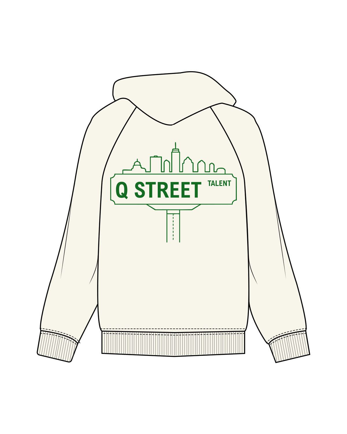 The Mens Hoodie - Off White - Q Street - Center Chest & Center Back Logo - Printed - Green