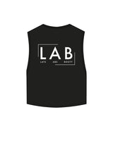 The Crop Muscle Tank - Black - Lab - Front & Back Center - Full Color
