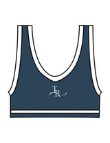 The Piped Bra - Petrol Blue - The Refinery Fitness Studio - Center Back - Printed - White