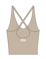 The Sporty Strappy Tank - Light Brown - Vibe MVMT - Center Back Stacked - Printed - White