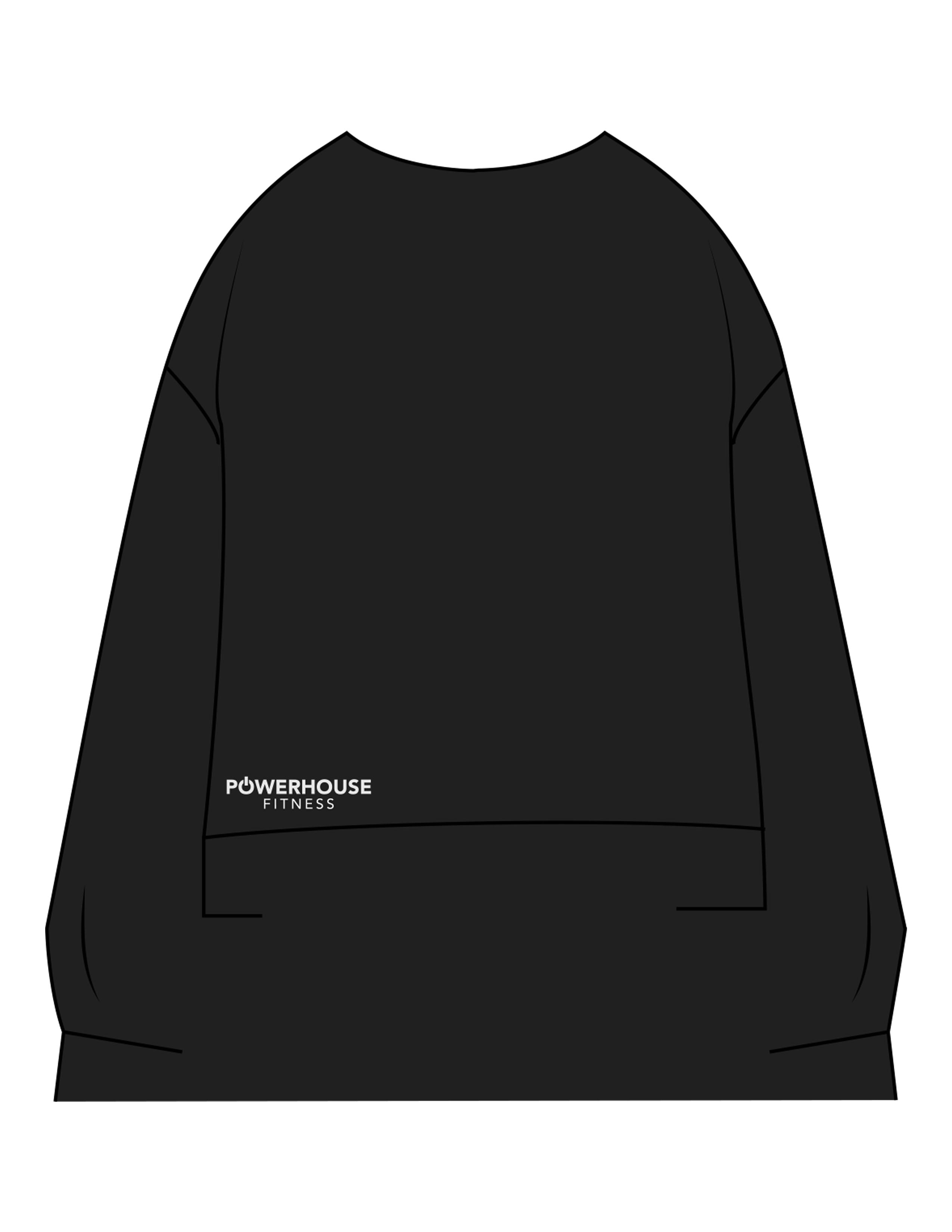 The Womens Sueded Crewneck - Black - Powerhouse Fitness - Center Chest & Back Stacked - Printed - Full Color