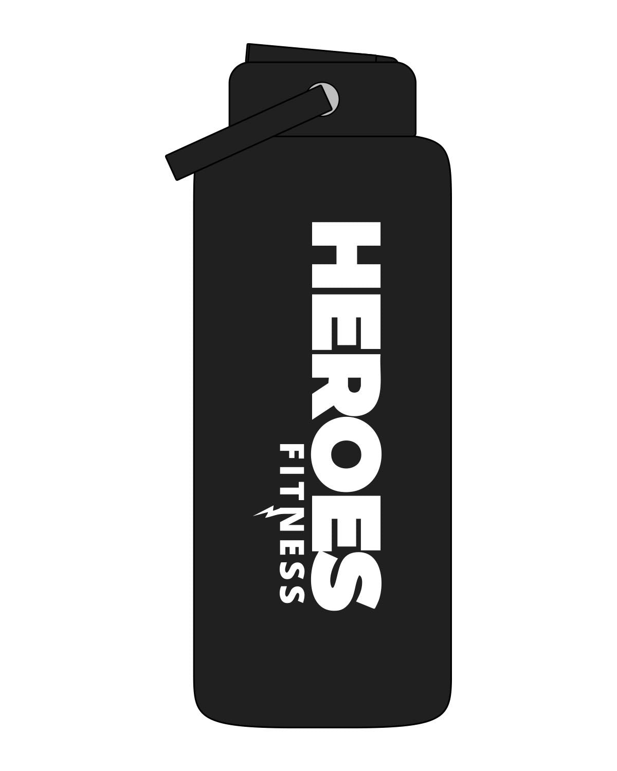 The Wide Mouth Water Bottle - Black - Heroes Fitness - Center Body Stacked - Printed - White