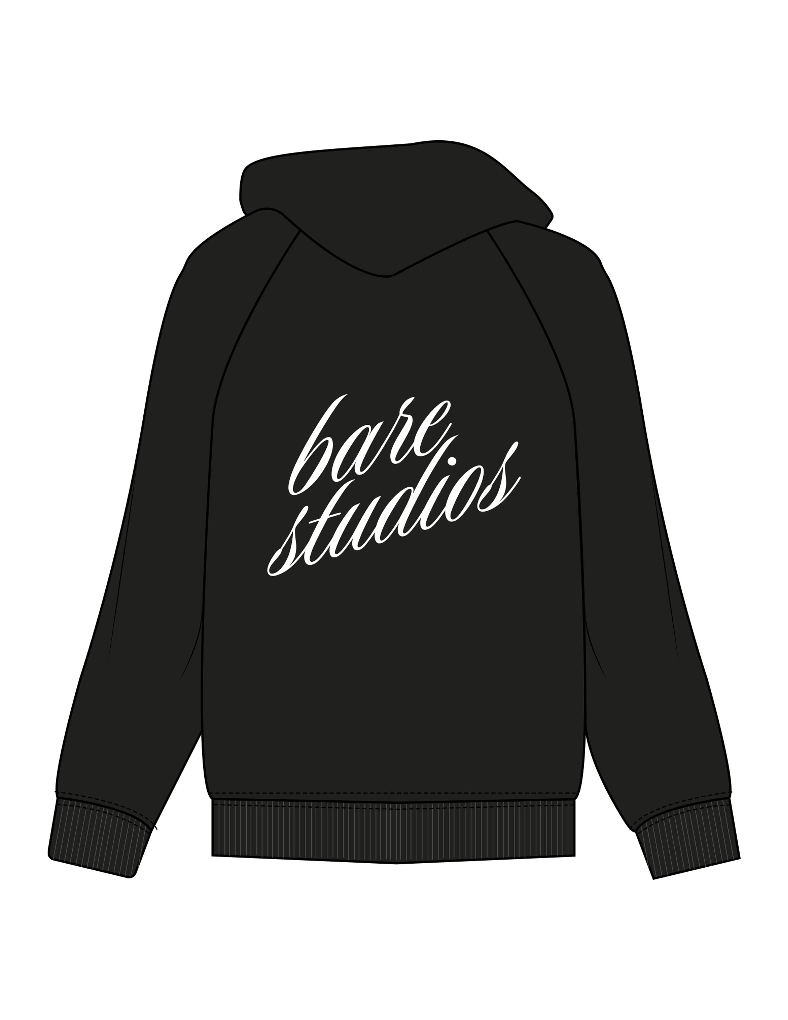 The Mens Hoodie - Black - Bare Pilates - Center Chest & Back Script - Printed - White