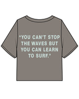 The Heavyweight Crop Tee - Washed Gray - The Wave Pilates - Center Chest Stacked & Back Center Stacked - Seafoam