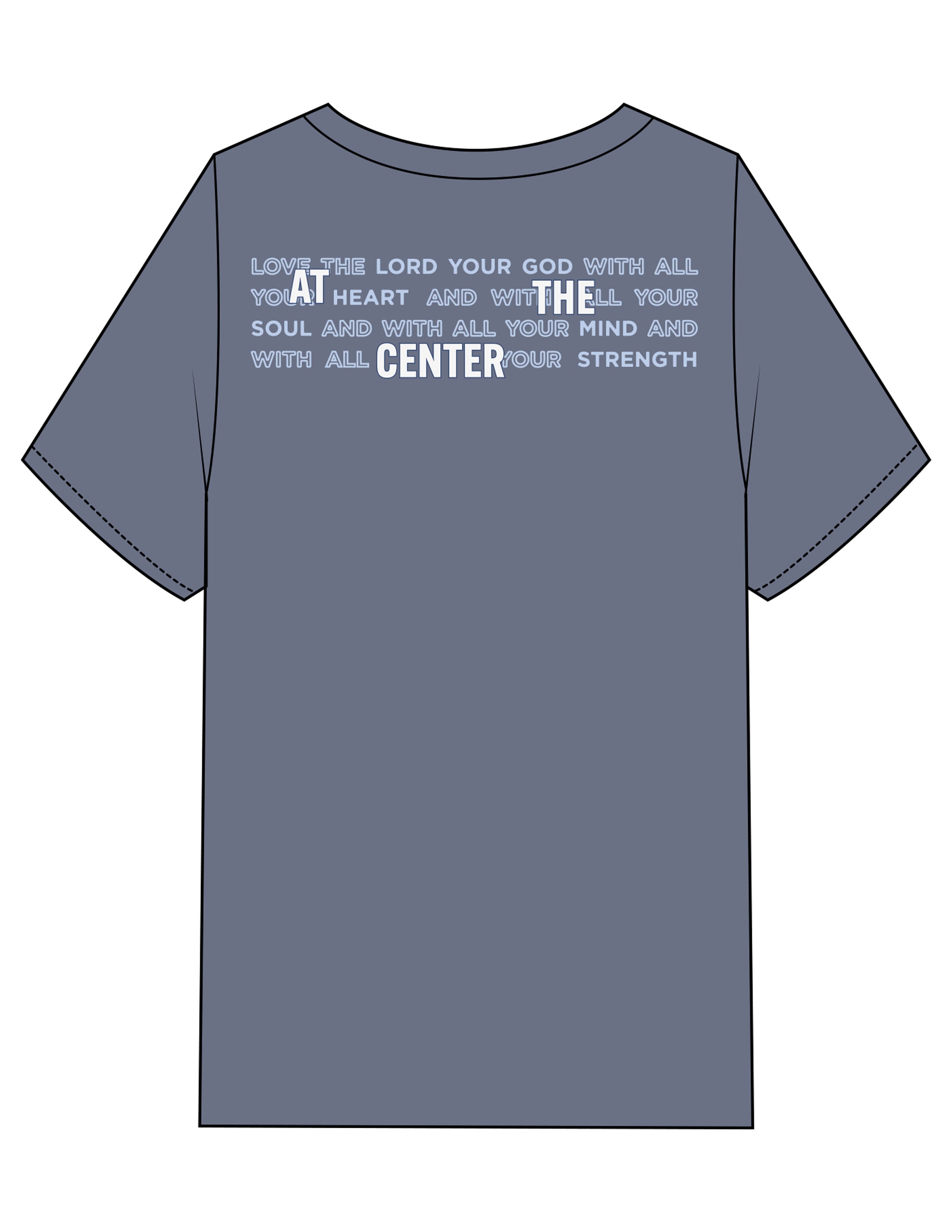 The Mens Heavyweight Tee - Washed Indigo - Plum Creek Church - Center Chest & Upper Back Stacked - Printed - Full Color