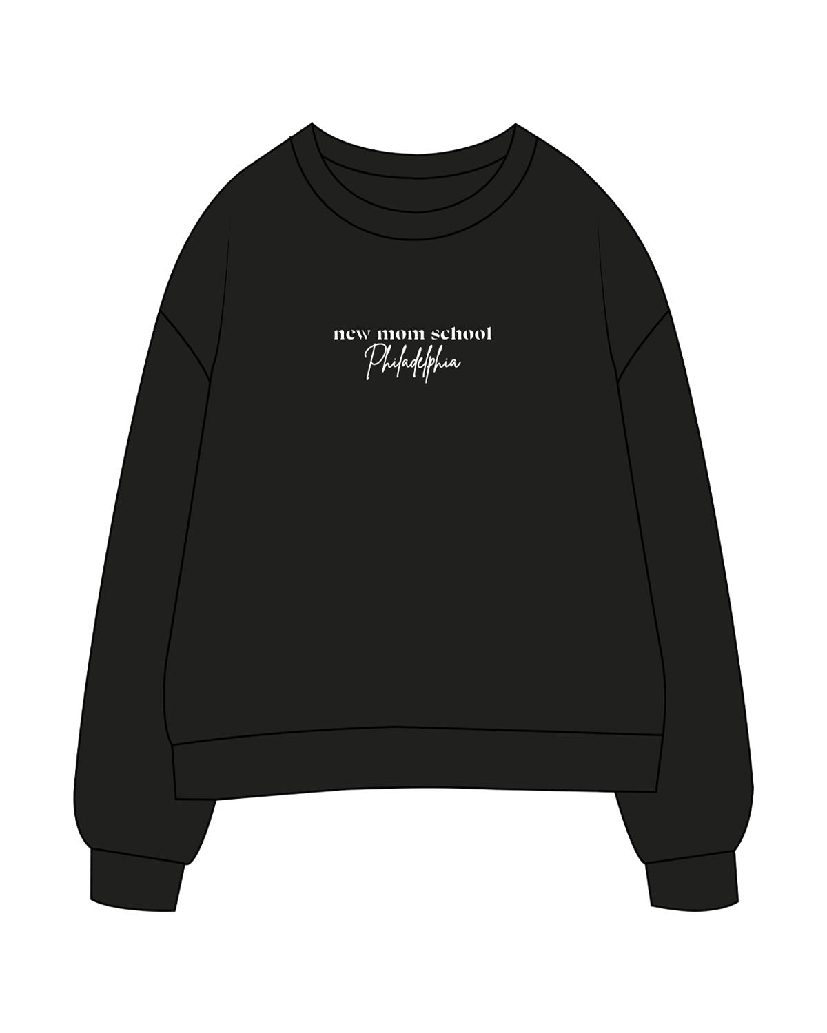 The Mens Heavyweight Crewneck - Black - New Mom School - Center Chest Stacked - Printed - White