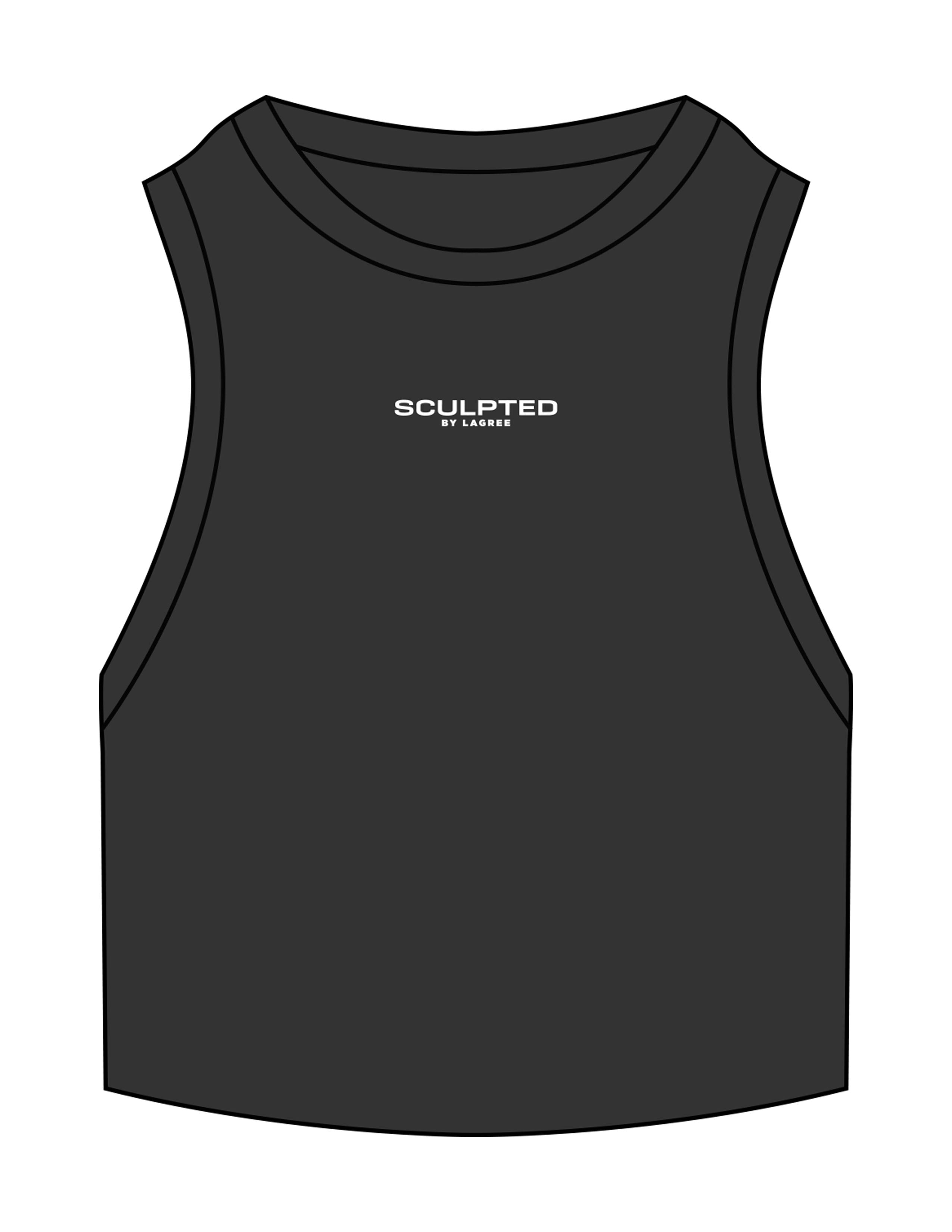 The Ribbed Crop Tank - Washed Black - Sculpted By Lagree - Center Chest - Embroidered - White