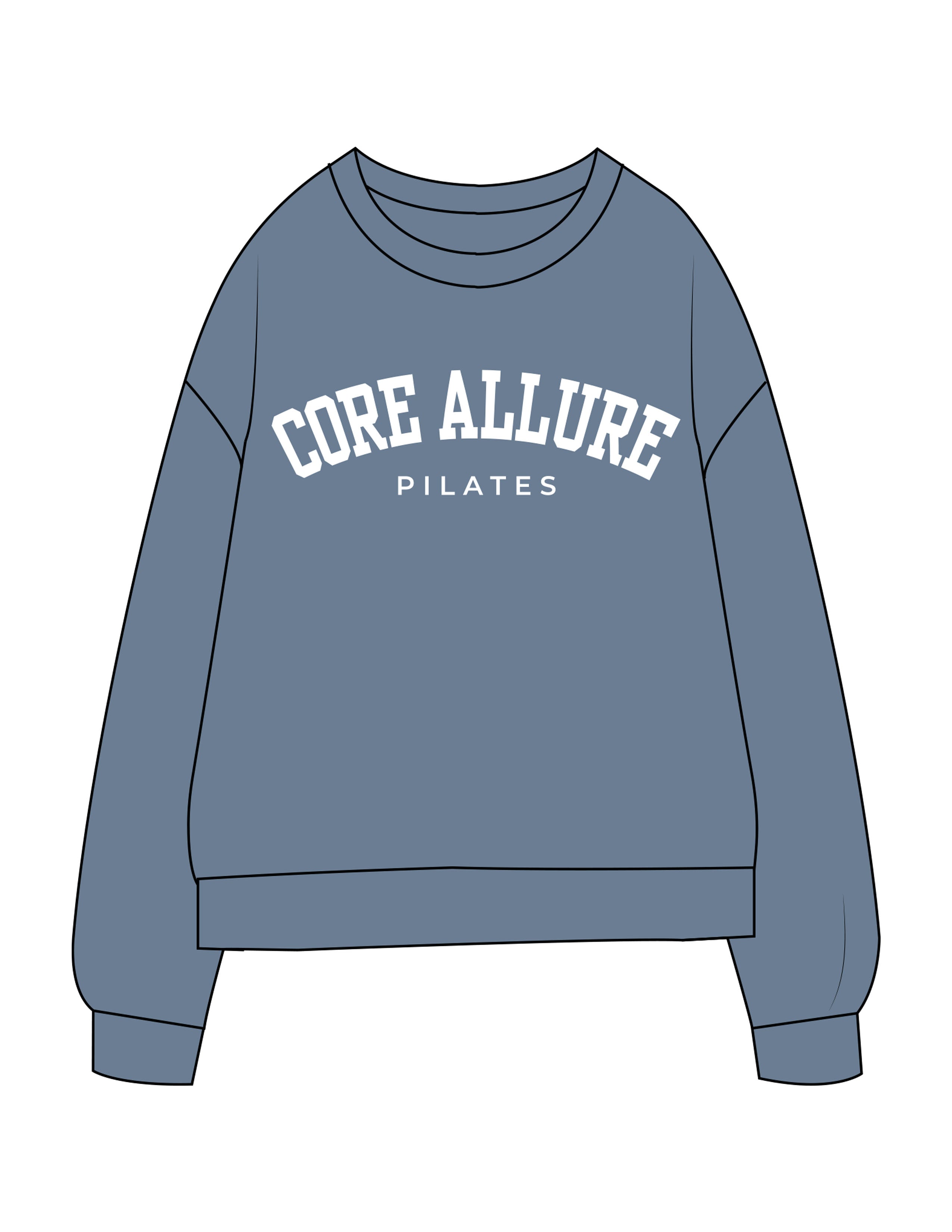The Midweight Unisex Crewneck - Washed Slate - Core Allure Pilates - Center Chest Arc Stacked - Printed - White