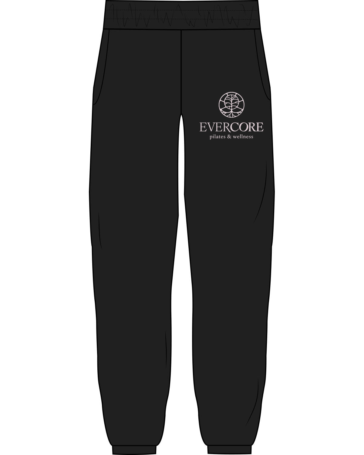 The Womens Sweatpants - Black - EVERCORE - Left Leg Stacked - Below Pocket - Light Pink