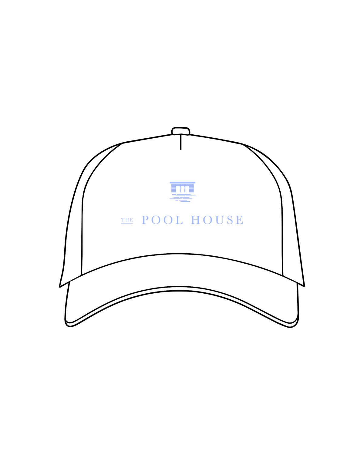 The 5 Panel Trucker Hat - White - Clique Hospitality - Center Crown - "Pool House" - Embroidered - Light Blue
