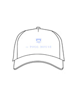 The 5 Panel Trucker Hat - White - Clique Hospitality - Center Crown - "Pool House" - Embroidered - Light Blue