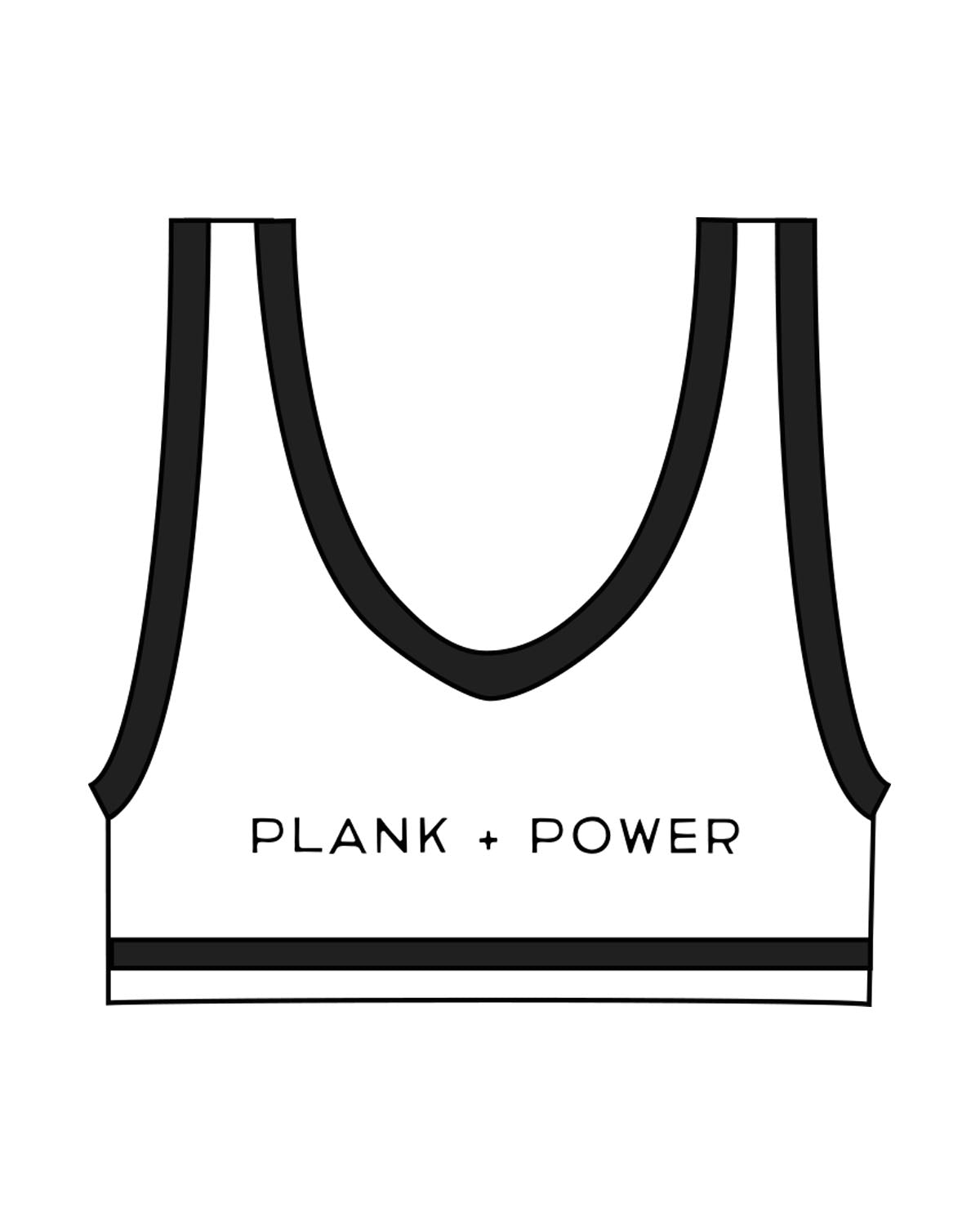 The Piped Bra - White - Plank + Power- Back Center - Printed - Black