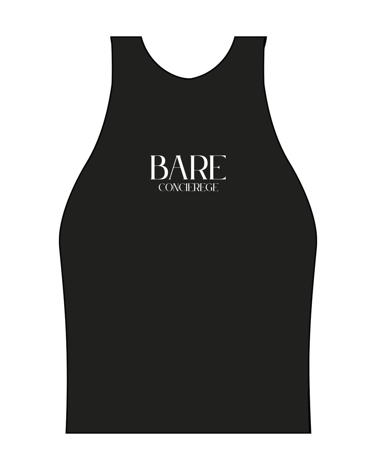 The High Neck Racer Tank - Black - Bare Pilates - Center Chest - "Concierge" - Printed - White