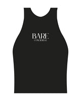 The High Neck Racer Tank - Black - Bare Pilates - Center Chest - "Concierge" - Printed - White
