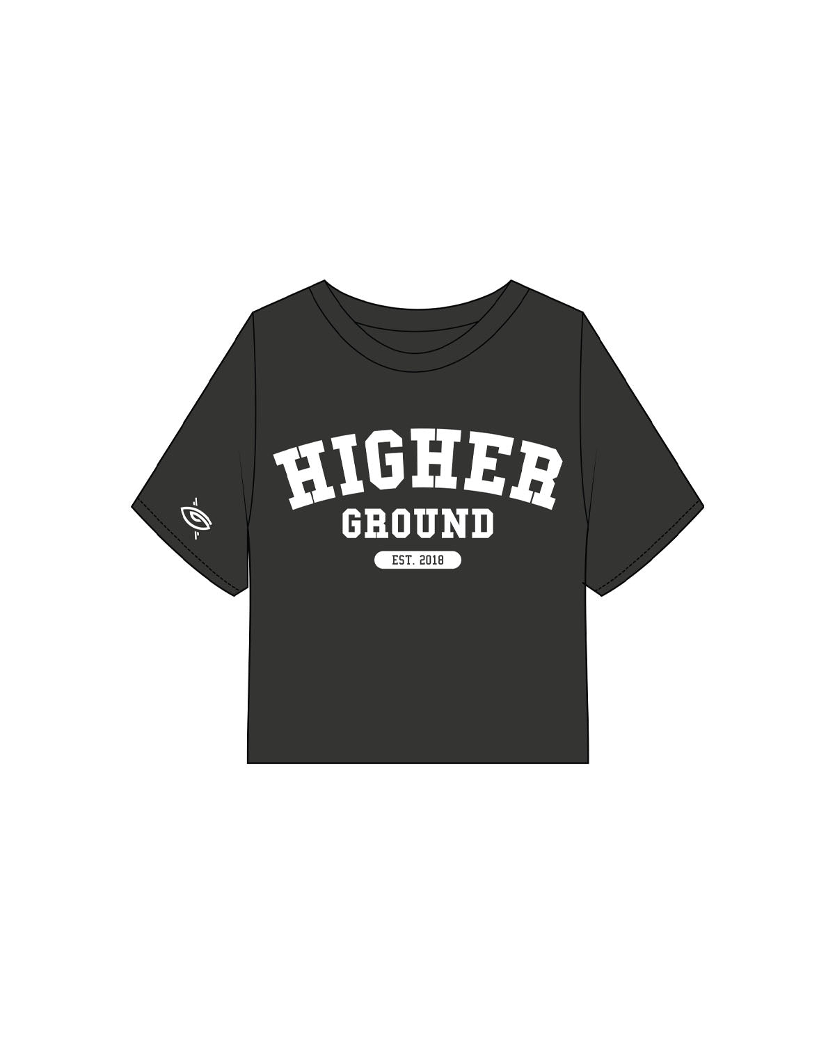 The Heavyweight Crop Tee - Washed Black - Higher Ground - Center Chest Stacked & Right Sleeve Logo - Printed - White
