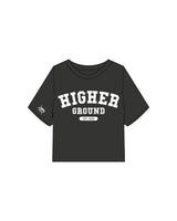 The Heavyweight Crop Tee - Washed Black - Higher Ground - Center Chest Stacked & Right Sleeve Logo - Printed - White