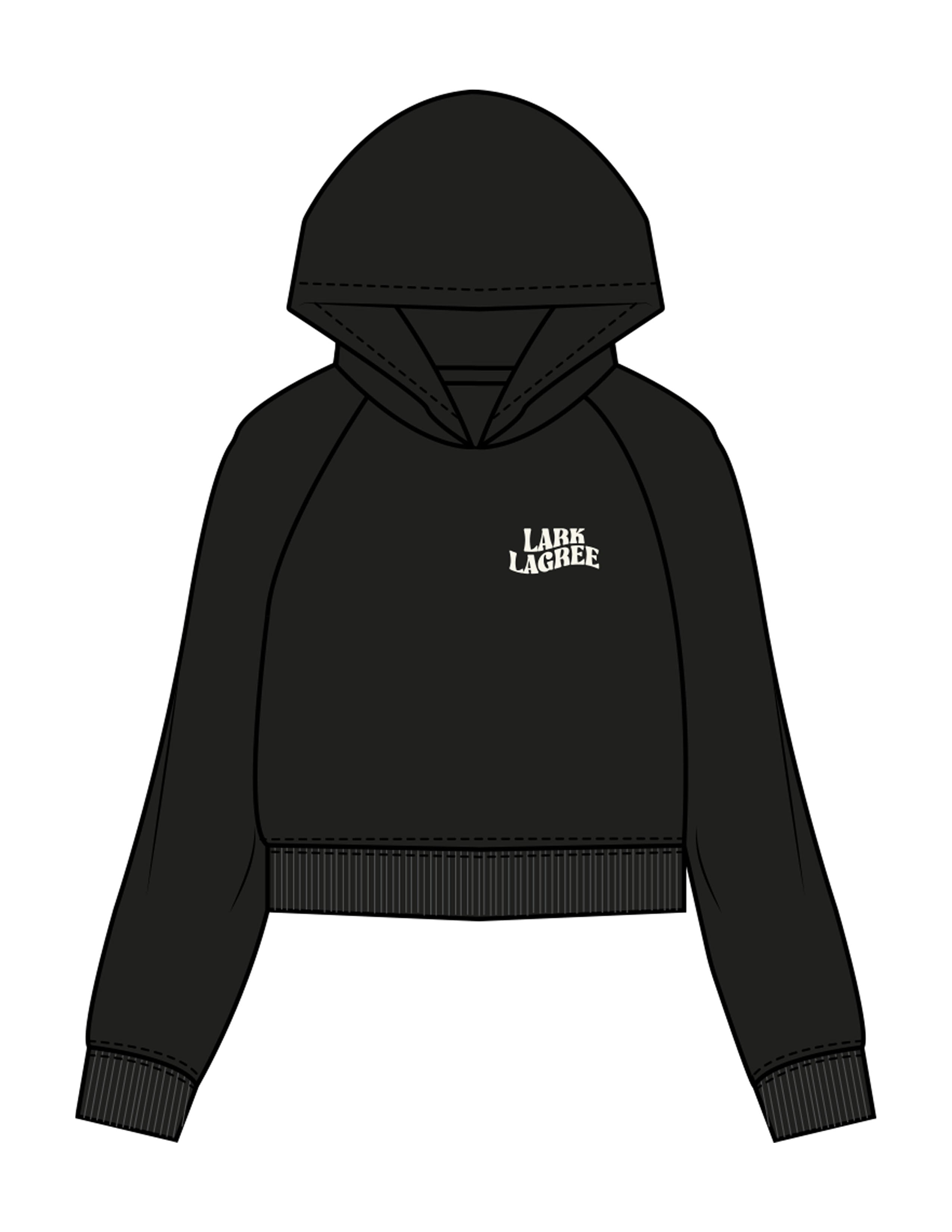 The Womens Crop Hoodie - Black - Pure Movement LARK - Left Chest & Back Stacked - Printed - Off White