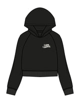 The Womens Crop Hoodie - Black - Pure Movement LARK - Left Chest & Back Stacked - Printed - Off White
