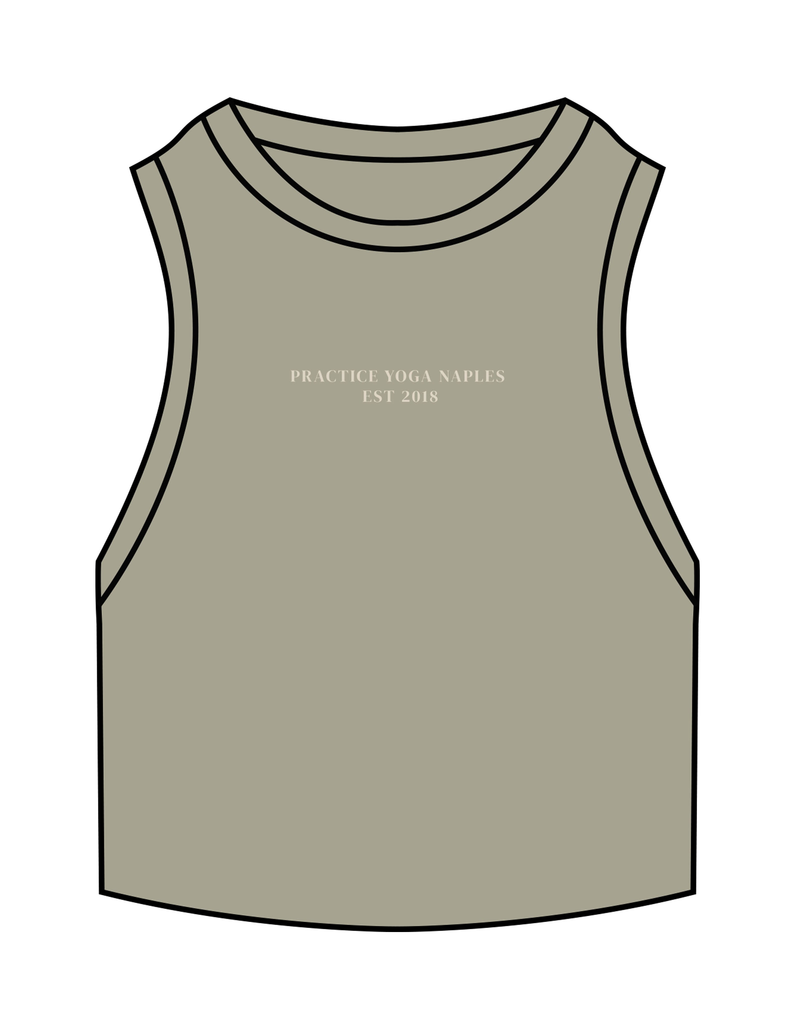 The Ribbed Crop Tank - Eucalyptus - Practice Yoga - Center Chest Stacked - Embroidered - Off White