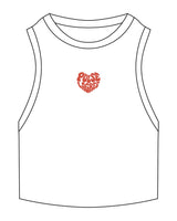 The Ribbed Crop Tank - White - Pulse Lagree Fitness - Center Chest "HEART" - Embroidered - Red Orange