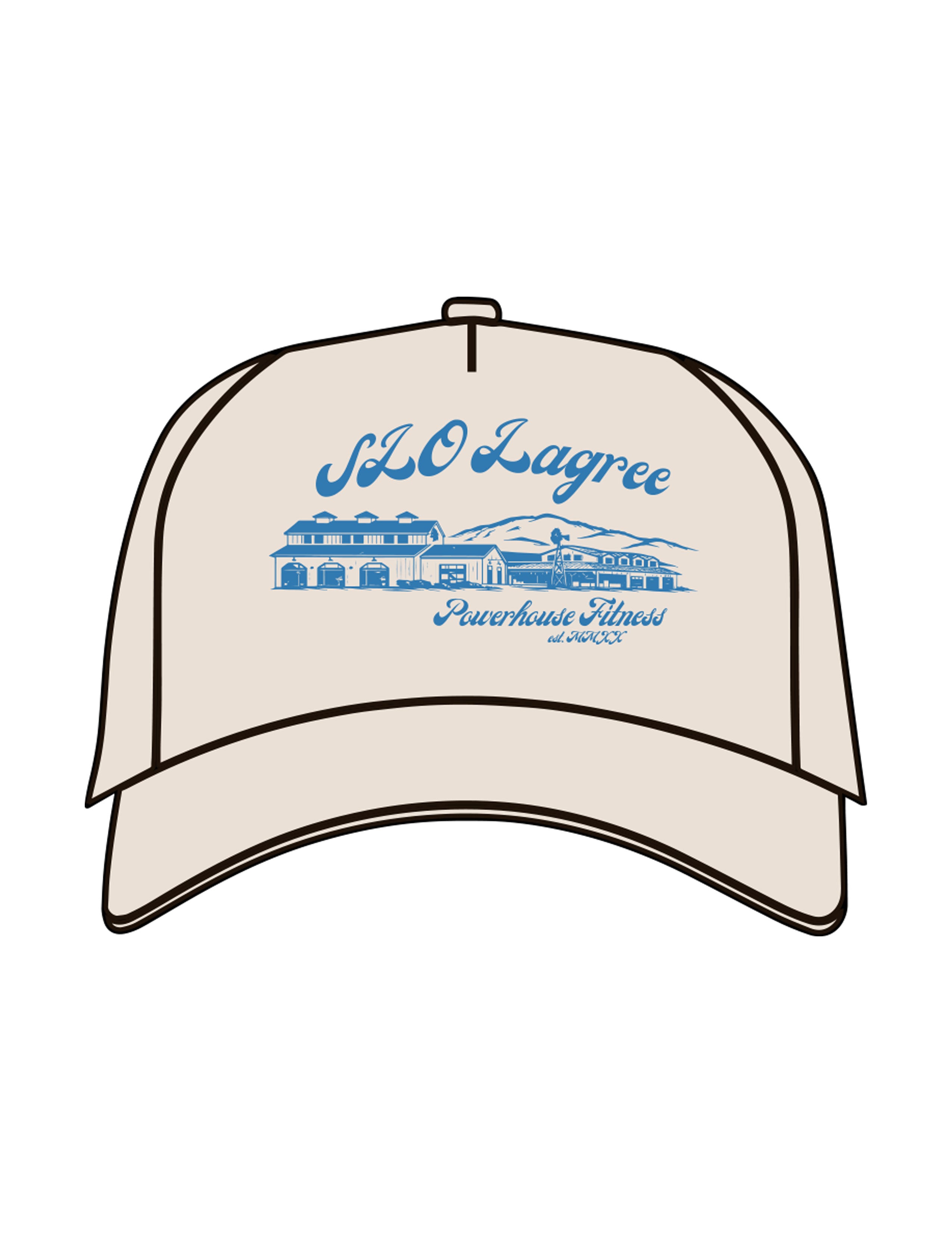 The Foam Trucker Hat - Bone - Powerhouse Fitness - Center Crown "LAGREE" - Printed - Blue