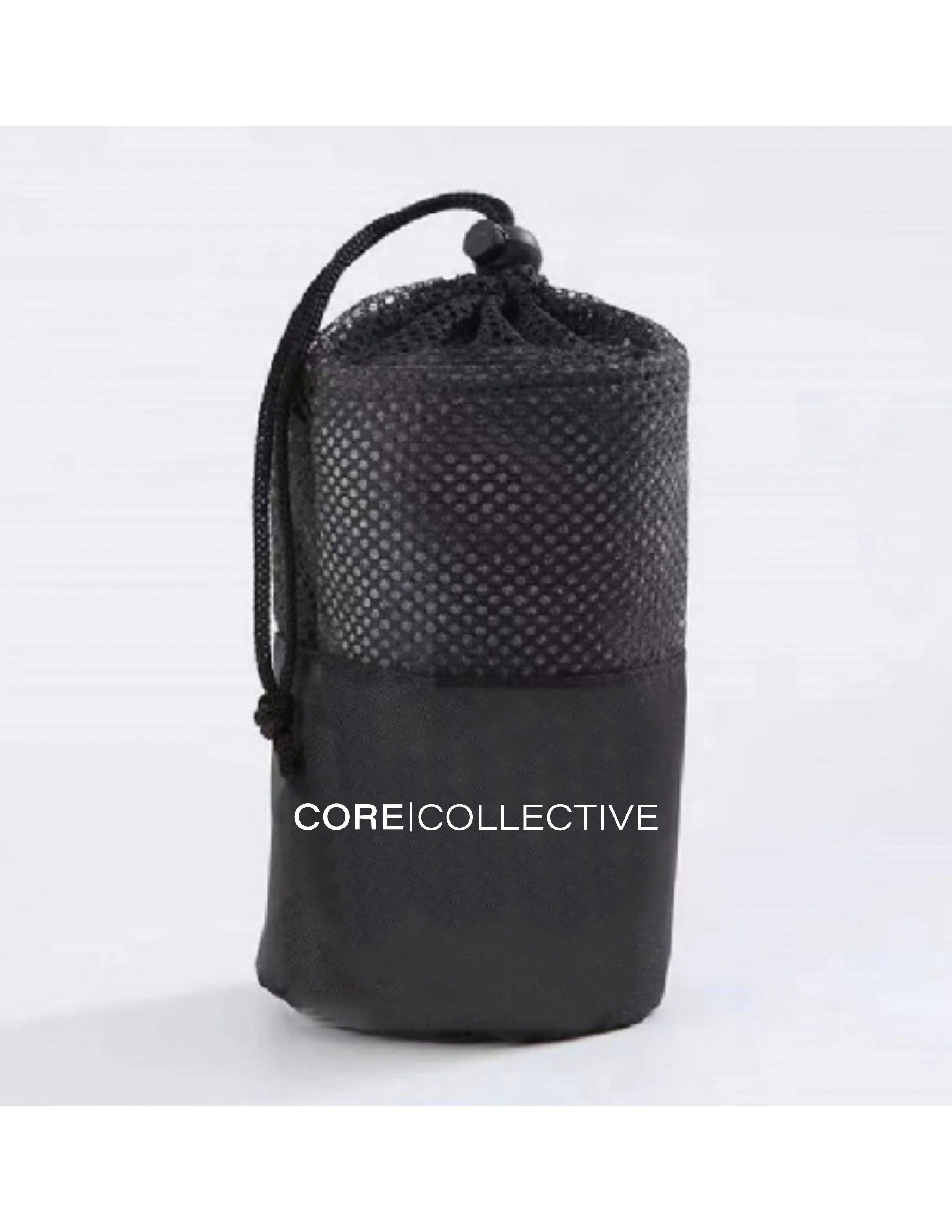 The Gym Towel - White - Core Collective - Front Bottom - Embroidered - Black - The Gym Towel Bag - Black - Center Body - Printed - White