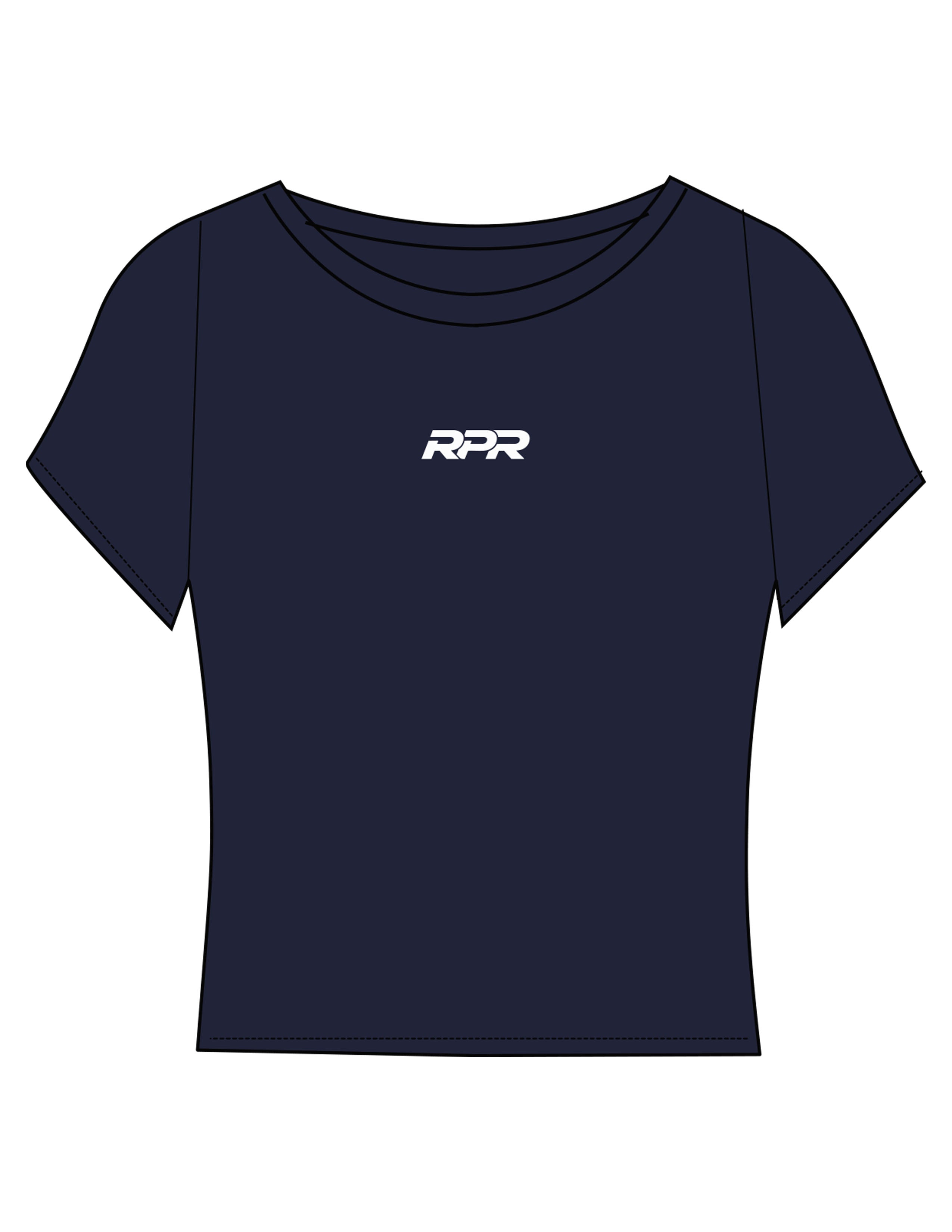 The Sporty Crop Short Sleeve - Navy - Reiner Pump Systems - Center Chest & Back Stacked - Printed - White