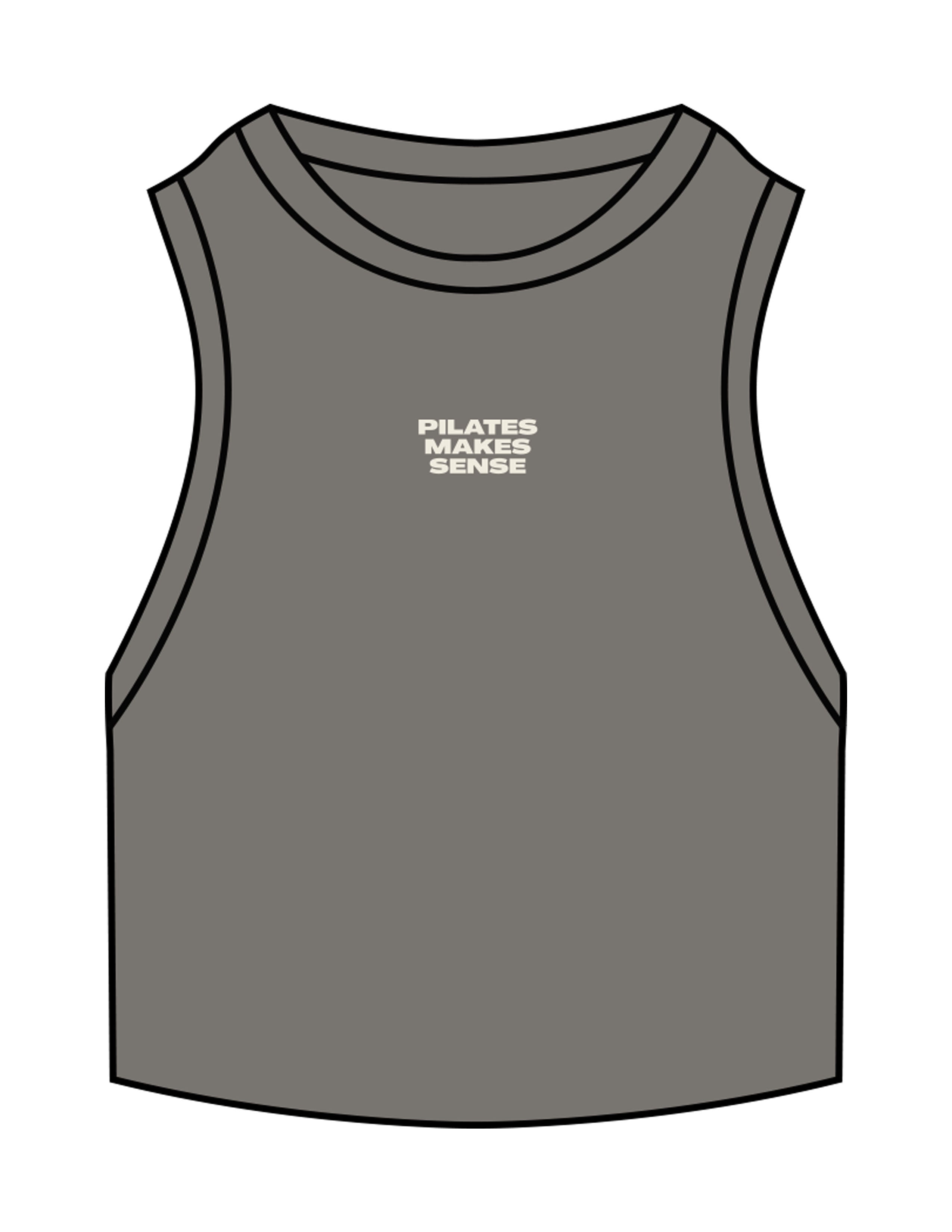 The Ribbed Crop Tank - Washed Gray - Sense Pilates - Center Chest Stacked - Embroidered - Off White