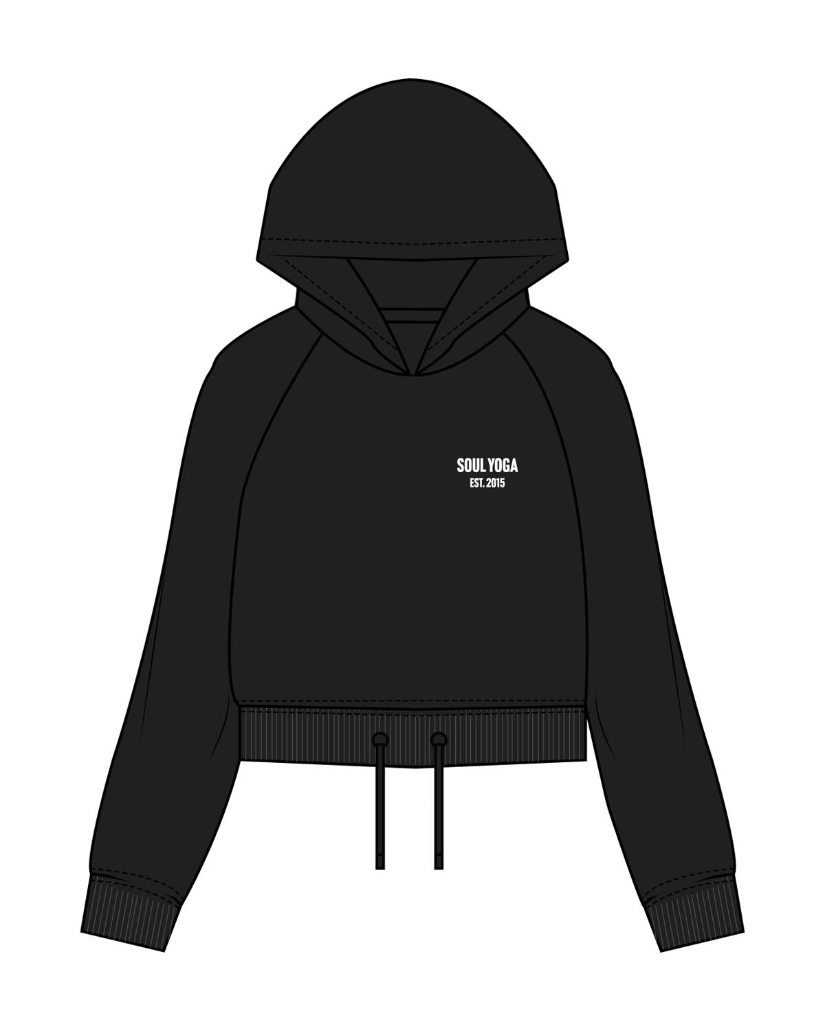 The Cropped Drawstring Hoodie - Black - SOUL YOGA - Left Chest Stacked - Embroidered - White