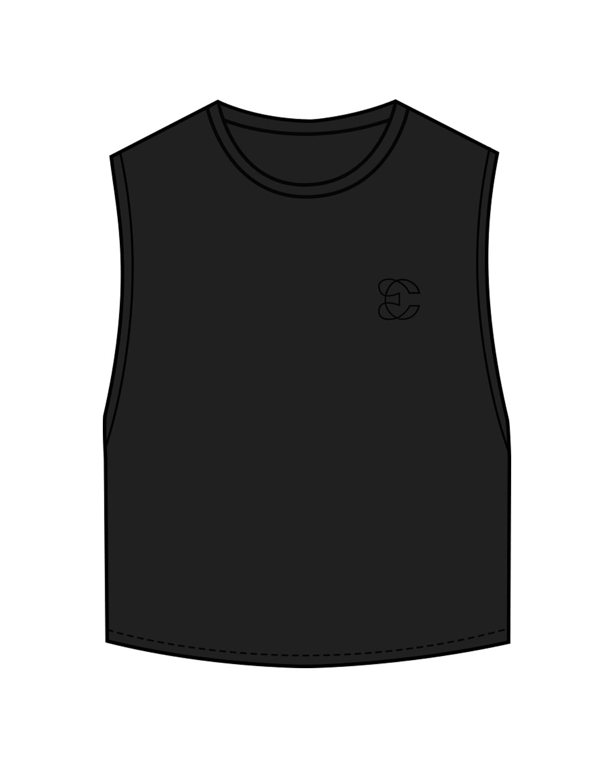 The Crop Muscle Tank - Black - Evolve Collective - Left Chest & Back Stacked - Printed - Tone on Tone