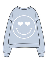 The Womens Crewneck - Powder - Pilates by Nix - Center Chest - Embroidered - Back Center - Smiley W/ Heart Eyes - Printed - White