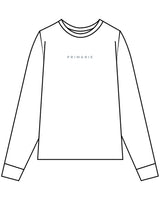The Womens Oversized Long Sleeve - White - Primarie Pilates - Center Chest & Back Stacked - Printed - Blue Gray
