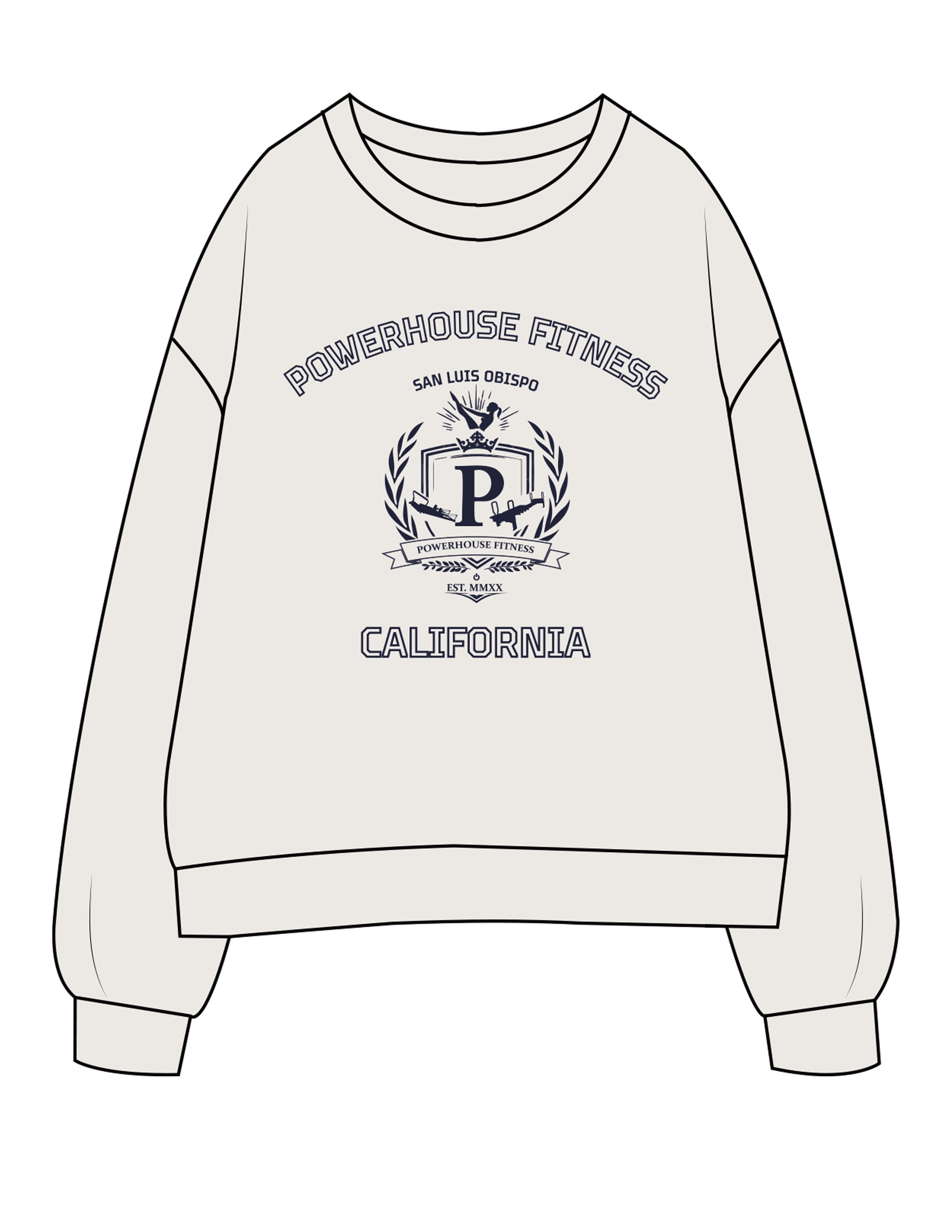The Womens Crewneck - Bone - Powerhouse Fitness - Center Chest Stacked - Printed - Navy