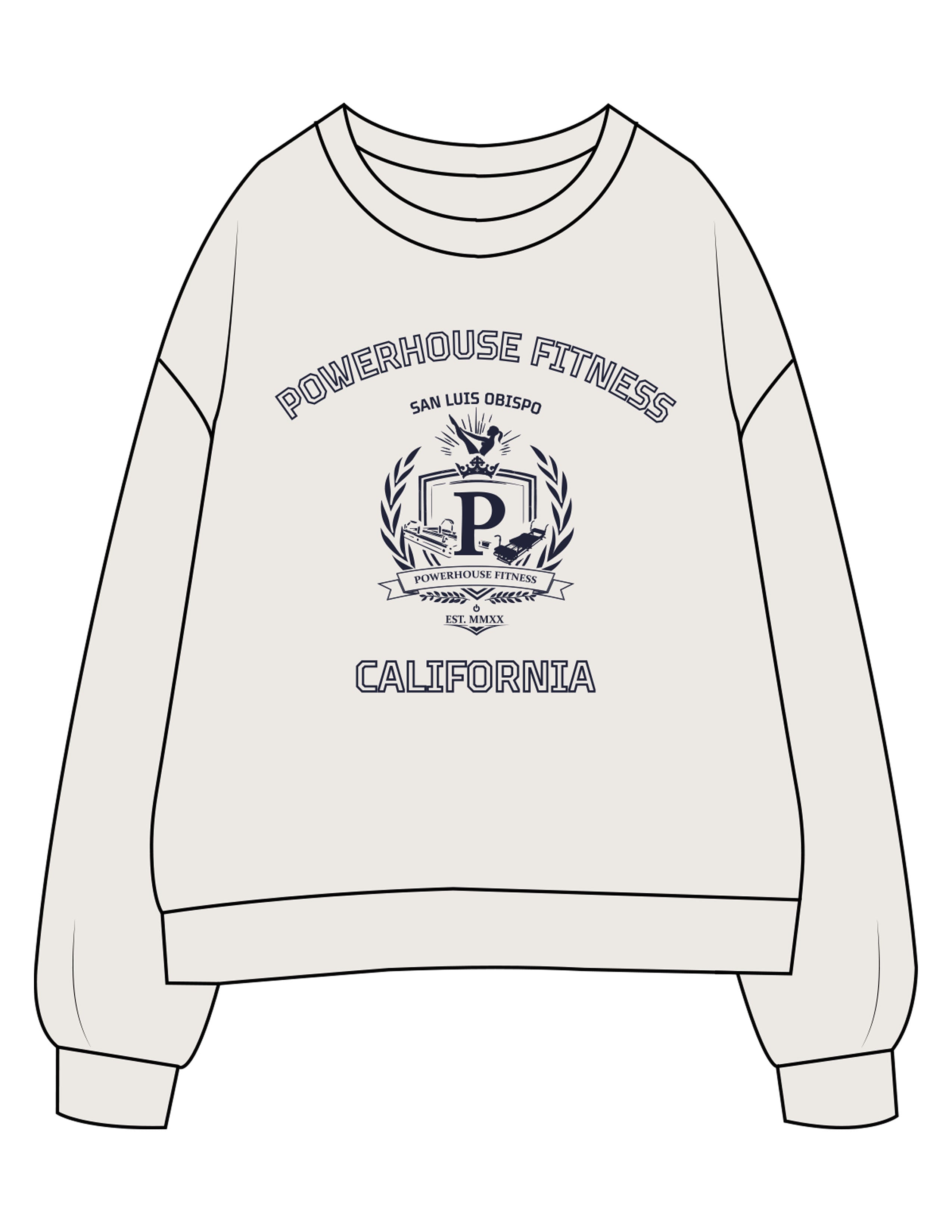 The Womens Crewneck - Bone - Powerhouse Fitness - Full Front - Printed - Navy