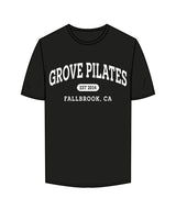 The Mens Tee - Black - Grove Pilates - Center Chest Stacked & Back Neckline - White