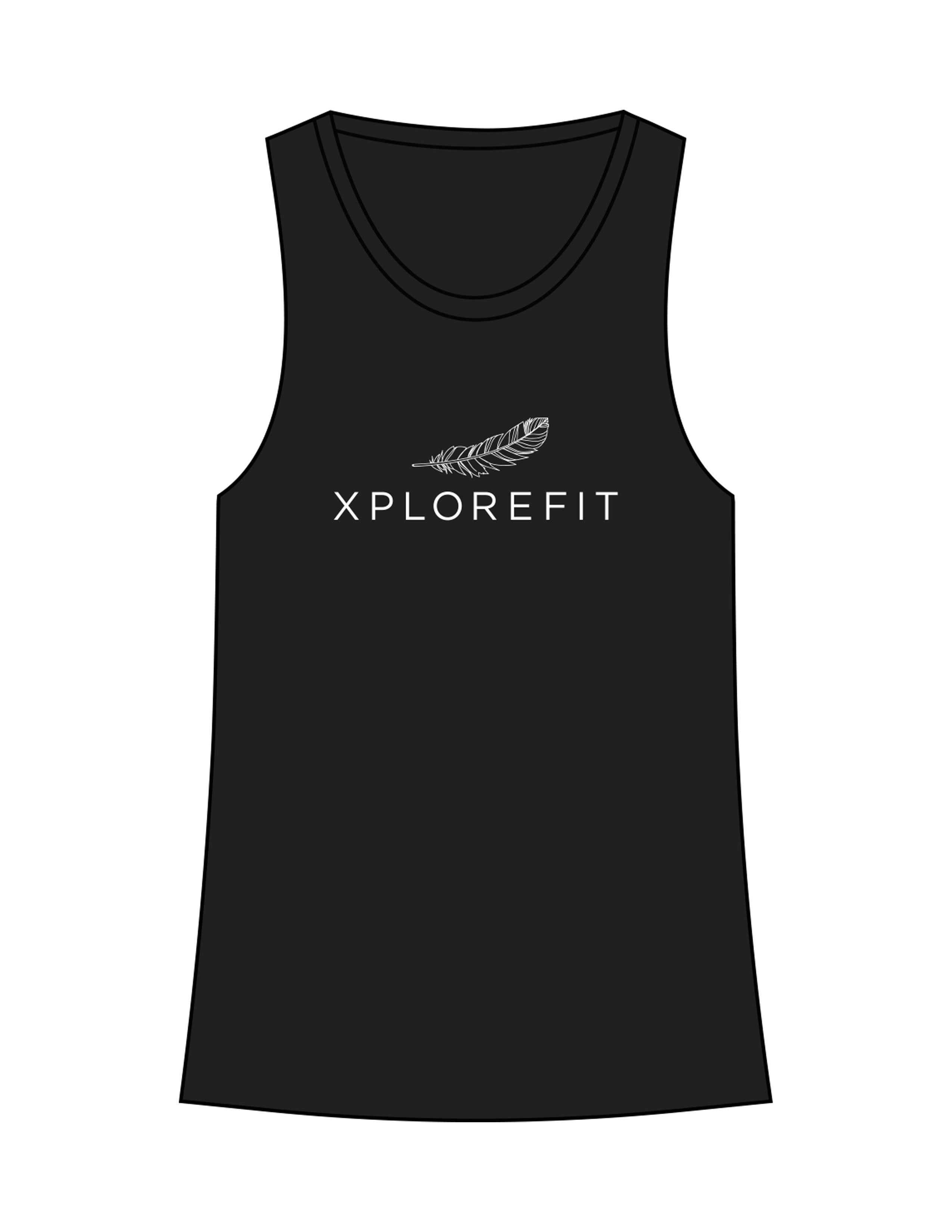 The Crop Muscle Racerback - Black - XPLOREFIT - Center Chest Stacked - Printed - White